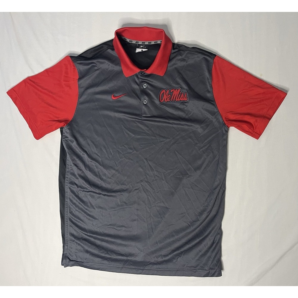 Nike Dri Fit Ole Miss Rebels Polo Shirt Men's Size Large Gray & Red Football